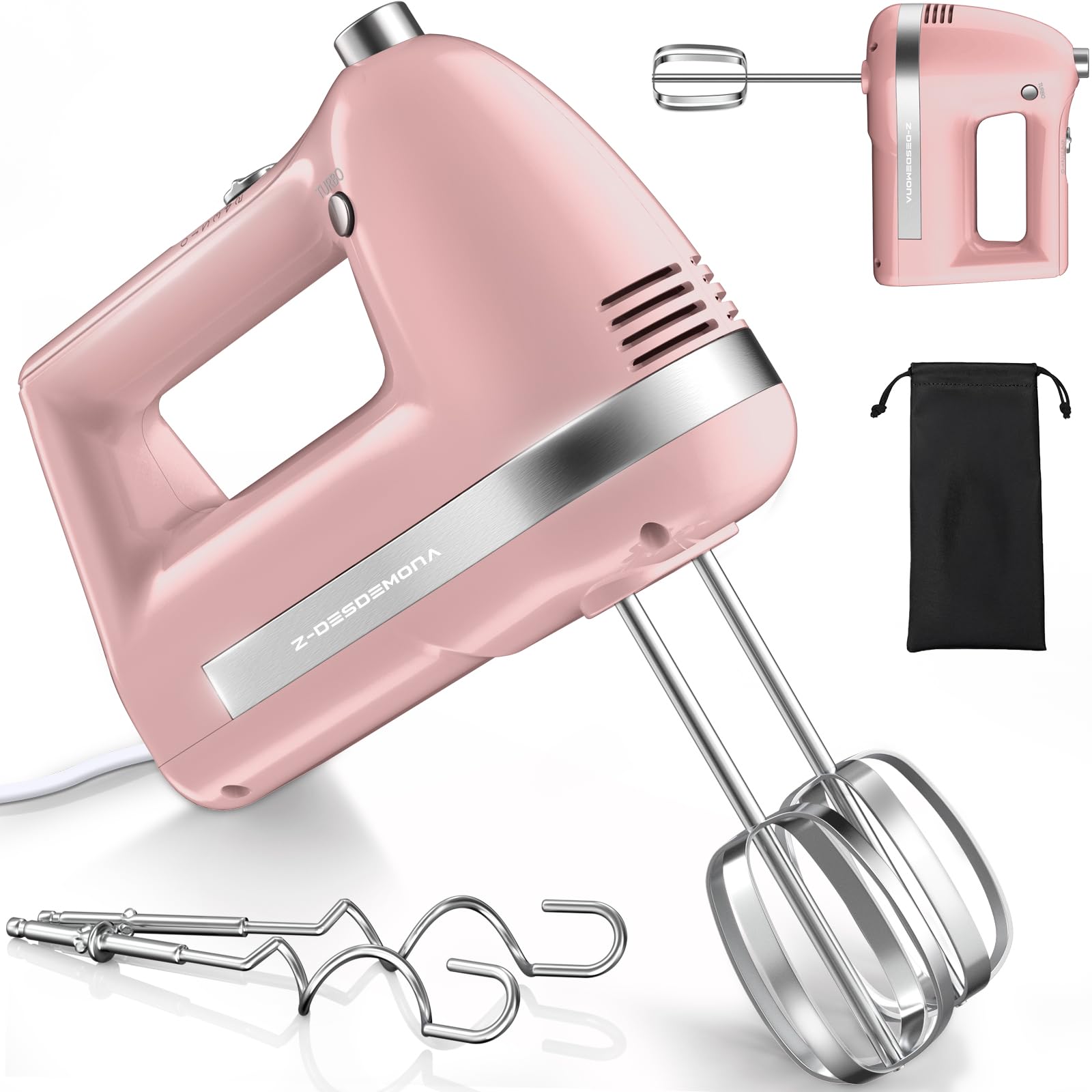 Z-DESDEMONA Electric Hand Mixer, Powerful Hand Mixer Electric Handheld with 304 Beaters, Dough Hook, Whisk, Hand Held Mixer with Turbo for Baking Cakes, Eggs, Cream Food(Pink)