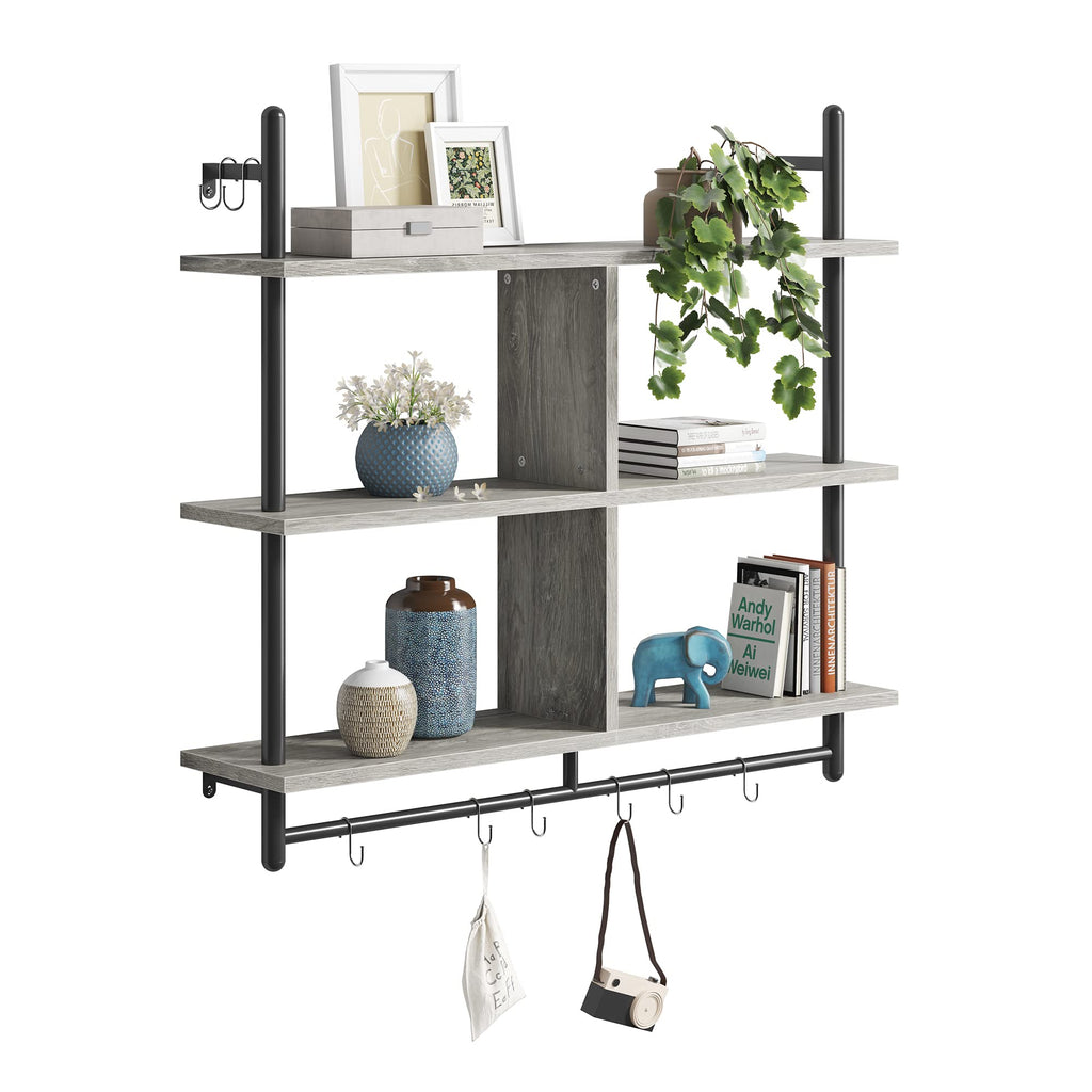 Bestier 41" Floating Kitchen Shelves Wall Mounted 3 Tier Coffee Bar Mug Shelf Hanging with 8 Hooks Display Plant Pipe Shelving for Living Room Kitchen Bathroom Balcony, Retro Grey