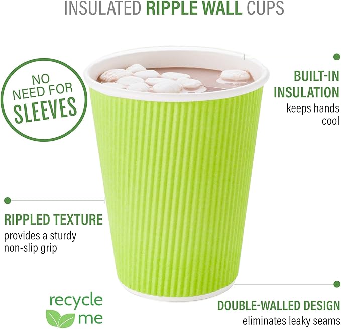 Restaurantware 8 Ounce Double Wall Disposable Coffee Cups, 25 Insulated Light Green Paper Cups with Ripple Wall Design, Lids Sold Separately, For Hot Beverages Like Tea, Hot Chocolate, & More
