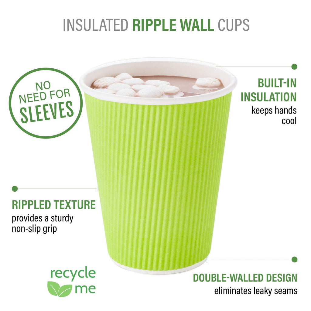 Restaurantware Ripple Wall Coffee Cups 25 Count 8 Ounce Insulated Eco Green Paper Cups, Rolled Rim Spill-Resistant Disposable Paper Non-Slip for Coffee, Beverages