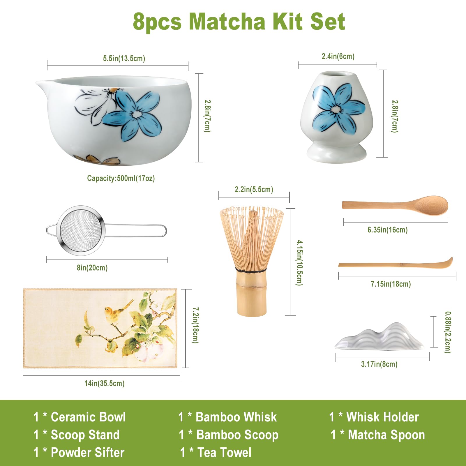 JunMu Matcha Whisk Set Cute,8pcs Matcha Set Whisk And Bowl,Matcha Kit Set With Bamboo Whisk,Ceramic Matcha Bowl,Sifter,Scoop,Holder,Towel,Stand,Spoon,Unique Gift for Japanese Matcha Tea Lover