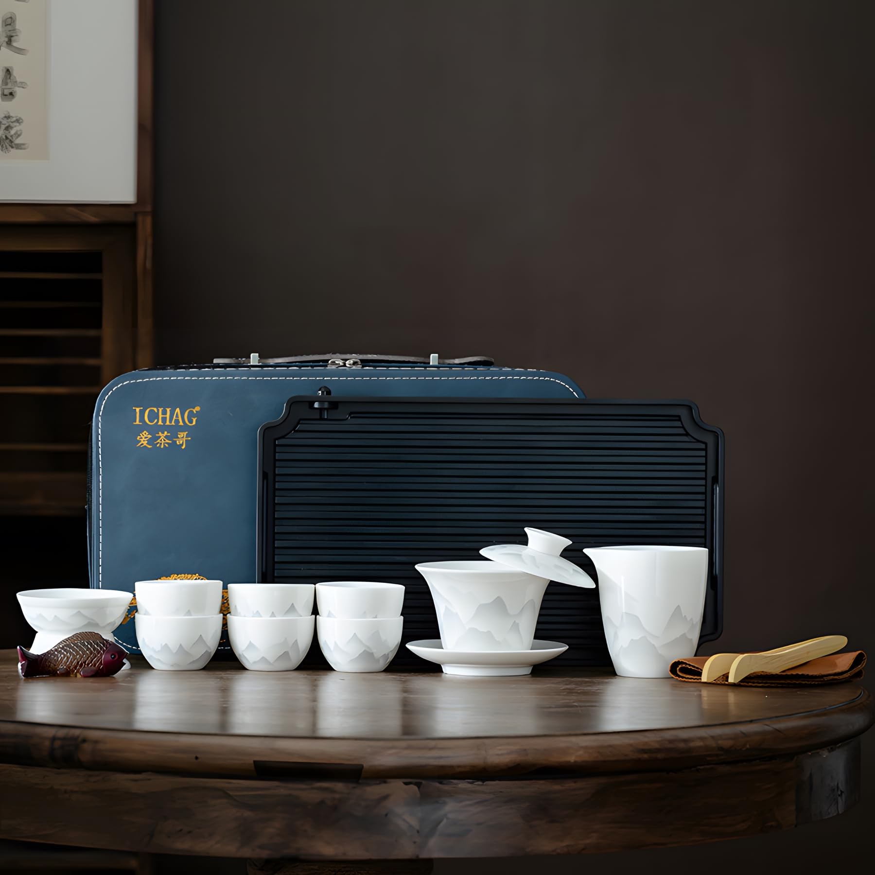 ICHAG 14-Piece Chinese Gongfu Tea Set, Yangzhi Jade Porcelain Gaiwan Tea Set with Anti-Mold Resin Tray & Color-Changing Tea Pet, Portable Travel Kit for Home, Office, Camping, Gift for Tea Lovers