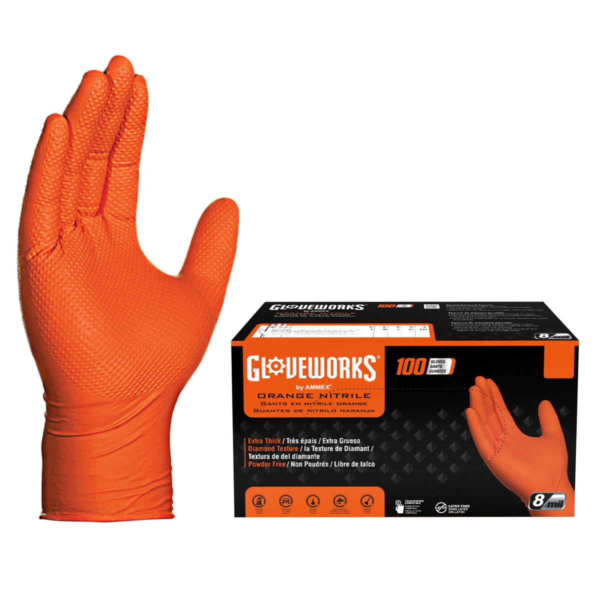 GLOVEWORKS Nitrile Gloves Disposable Orange 8 mil, XX-Large 4 Boxes of 100