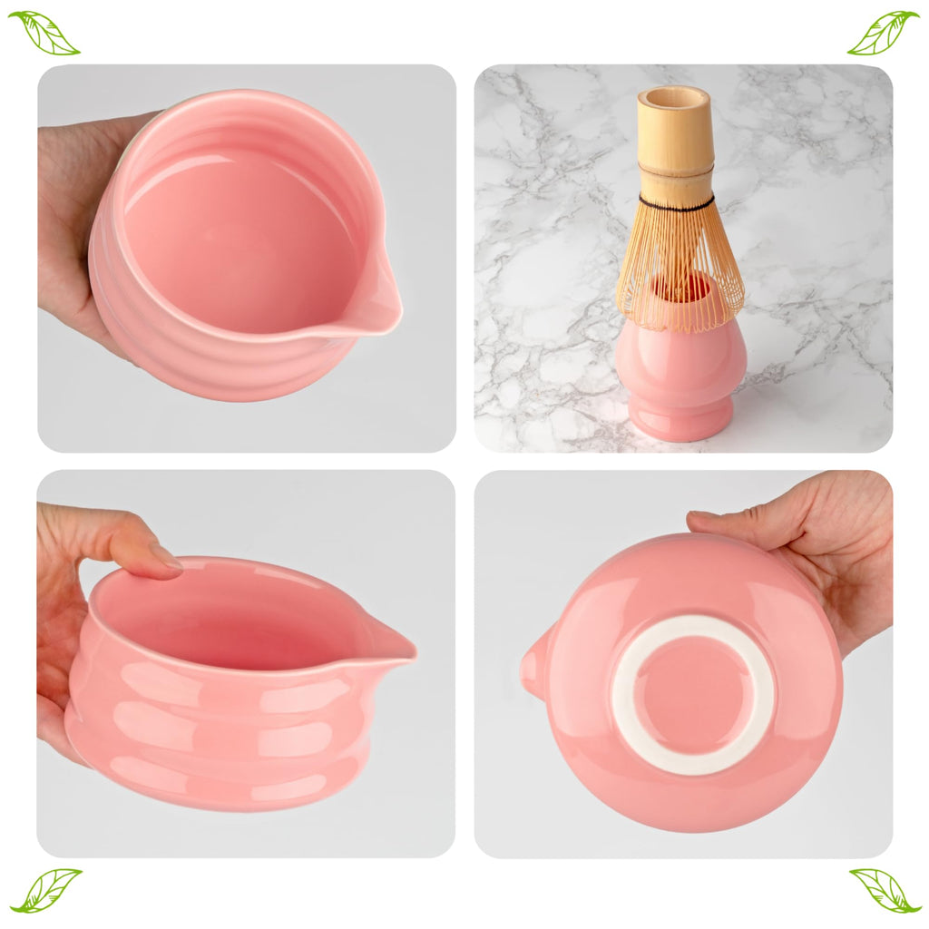 Marce Matcha Whisk Set- Matcha Set includes Matcha Whisk and Bowl with Spout, Sifter, Holder and Scoop- The Perfect Bamboo Whisk for Matcha Tea (Pink)