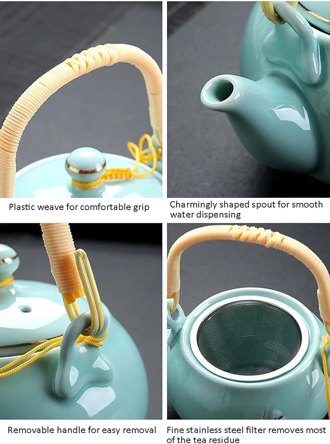 KEYDUACU Japanese Tea Set, Kiln-Formed Ceramic TeaSet, Plum Blossom Embossed, Includes 1 Teapot, 6 Teacups,Tea Tray,Strainer, Used for home, outdoor, gift, Chinese Kung Fu Tea Sets(FDMH-CYAN-MU)
