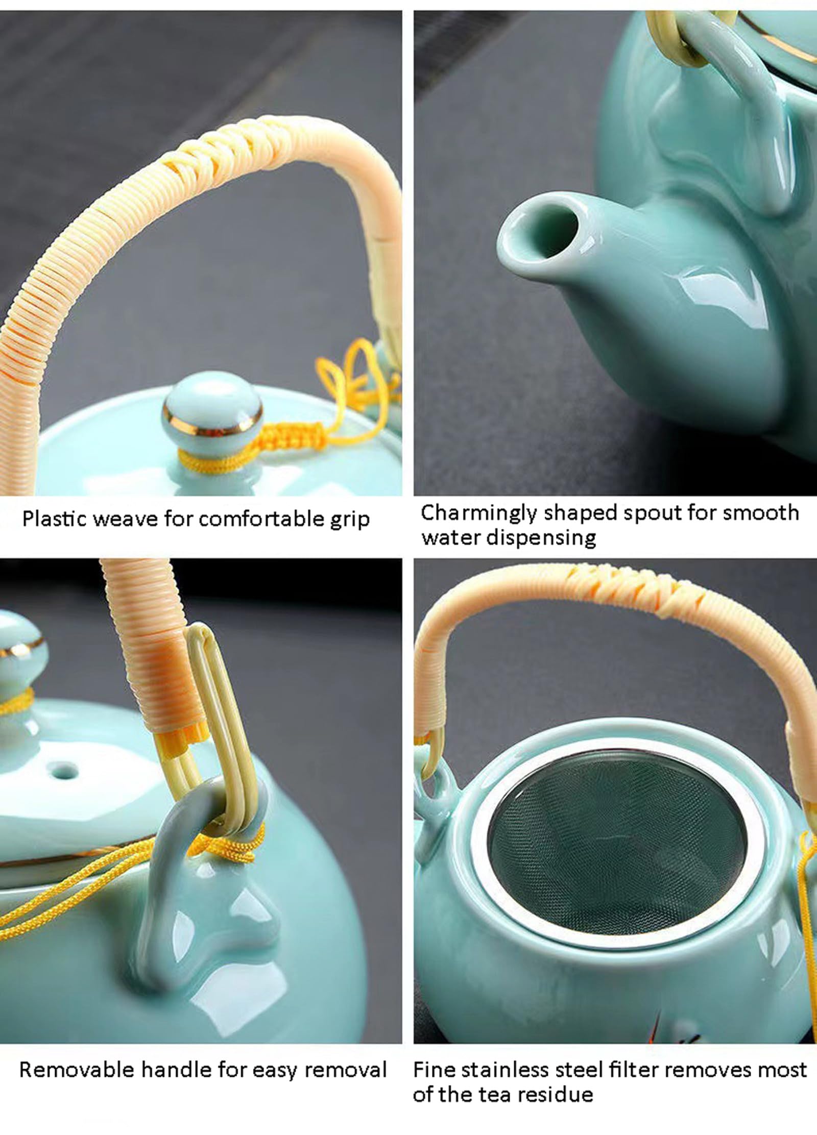 KEYDUACU Japanese Tea Set, Kiln-Formed Ceramic TeaSet, Plum Blossom Embossed, Includes 1 Teapot, 6 Teacups,Tea Tray,Strainer, Used for home, outdoor, gift, Chinese Kung Fu Tea Sets(FDMH-CYAN-MU)
