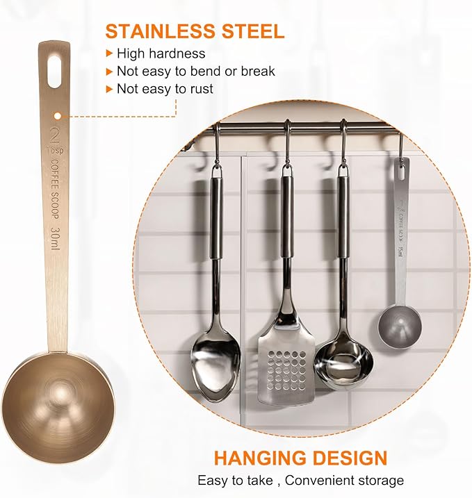 HARFINGTON 3pcs Coffee Scoop Spoon 2tbsp (6tsp, 30ml) 304 Stainless Steel Long Handle Teaspoon/Tablespoon Measuring Spoons Scoops for Tea Sugar Kitchen, Rose Gold