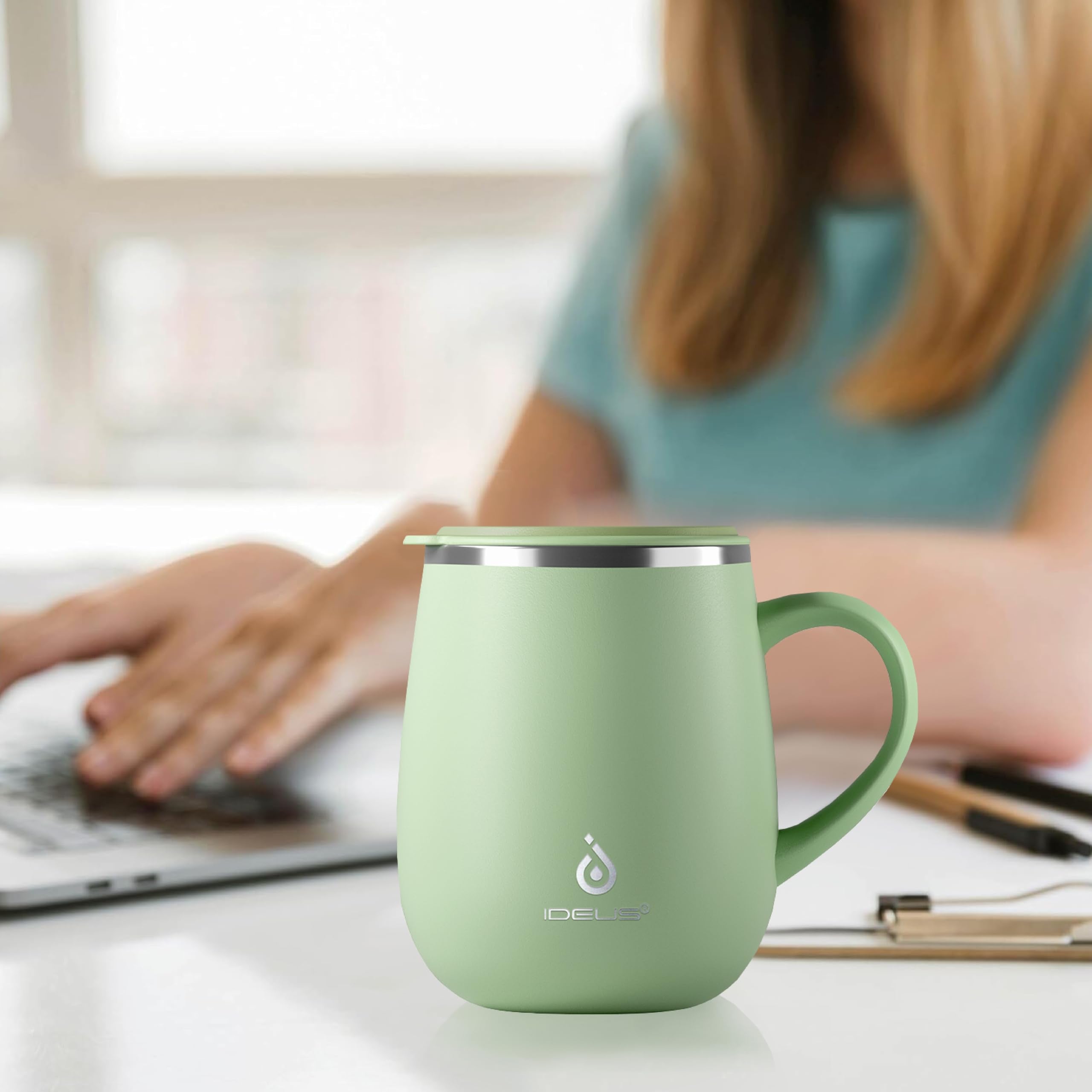 Ideus 16 oz Insulated Coffee Mug with Handle and Lid, Double Wall Stainless Steel Vacuum Thermal Coffee Mug, Travel Coffee Cup Thermal Cup for Home and Office, Avocado Green