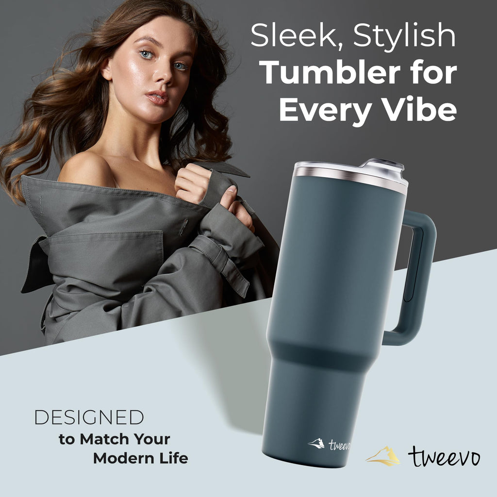tweevo 40 oz Tumbler With Handle and Straw Made of Stainless Steel - Double Wall Vacuum Insulated Tumbler With Lid - Sweat Proof Easy Grip, BPA-Free, Dishwasher Safe Tumbler (Charcoal)