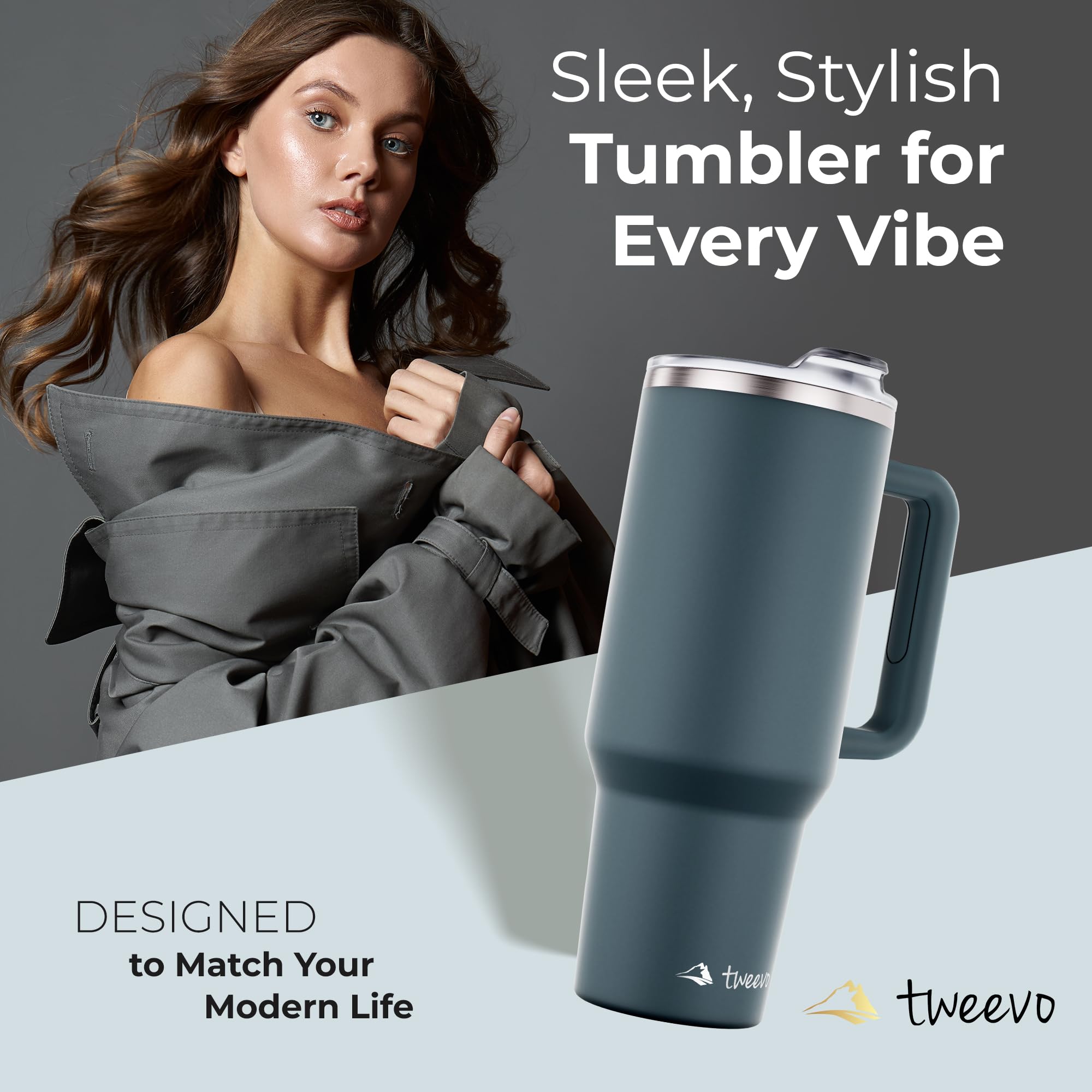 tweevo 40 oz Tumbler With Handle and Straw Made of Stainless Steel - Double Wall Vacuum Insulated Tumbler With Lid - Sweat Proof Easy Grip, BPA-Free, Dishwasher Safe Tumbler (Charcoal)