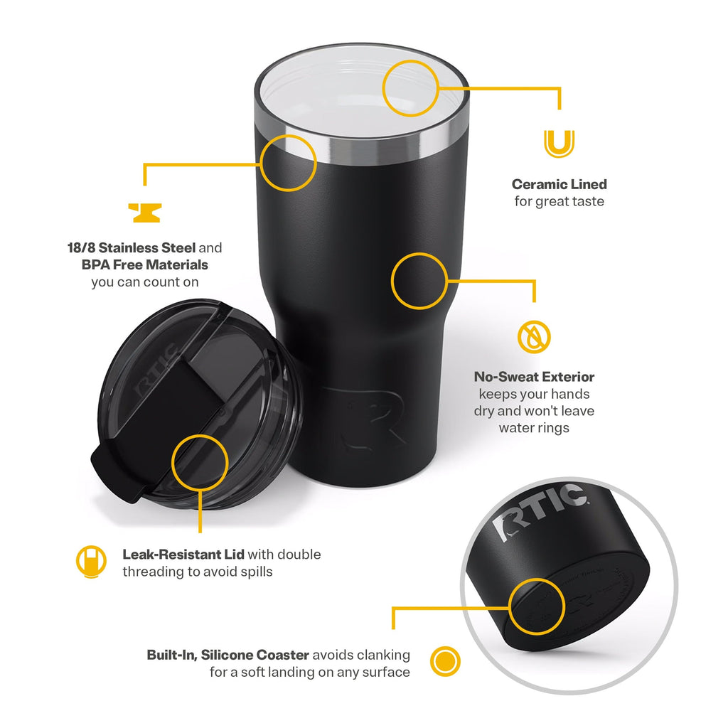 RTIC 20oz Essential Tumbler with Lid, Ceramic Lined, Black