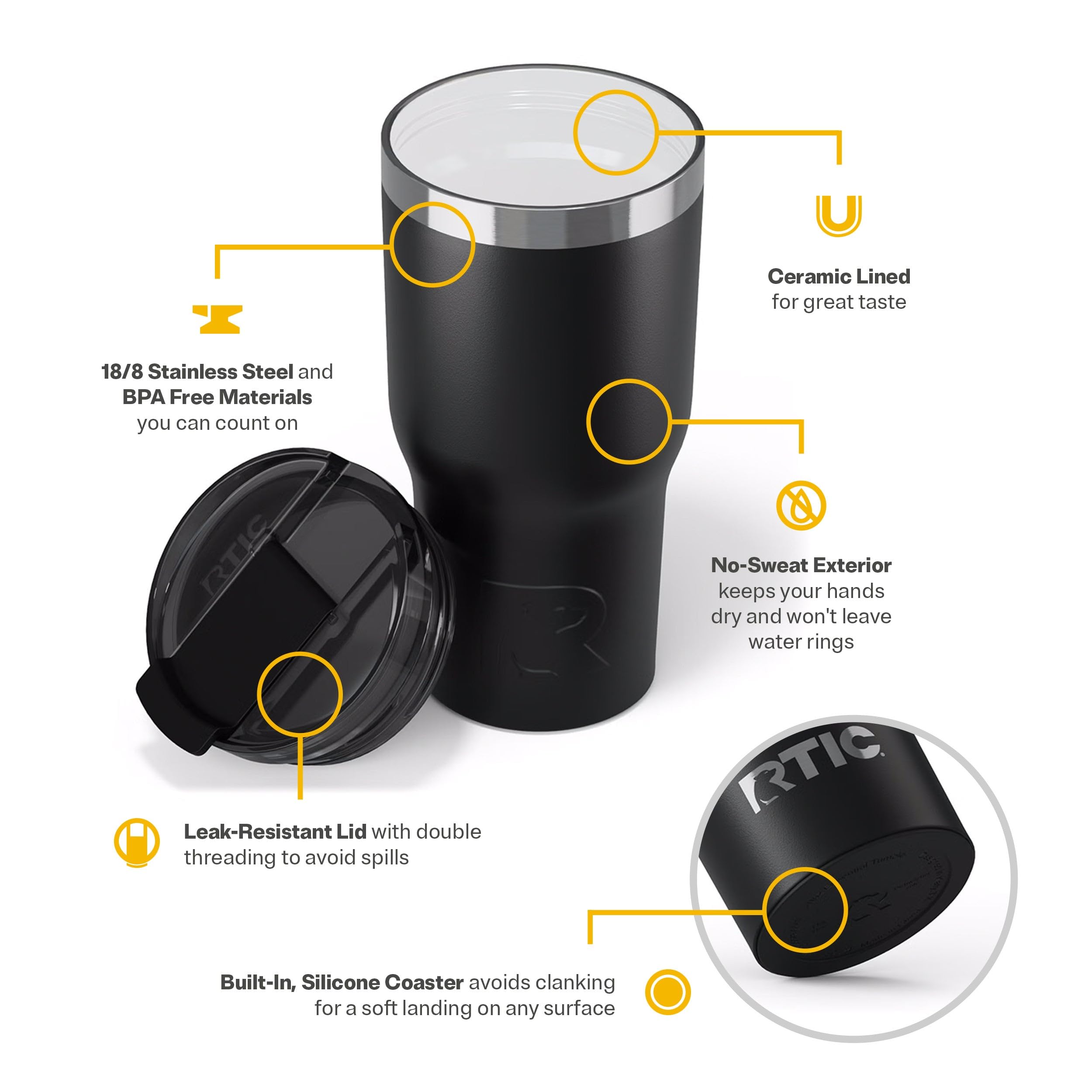 RTIC 20oz Essential Tumbler with Lid, Ceramic Lined, Black