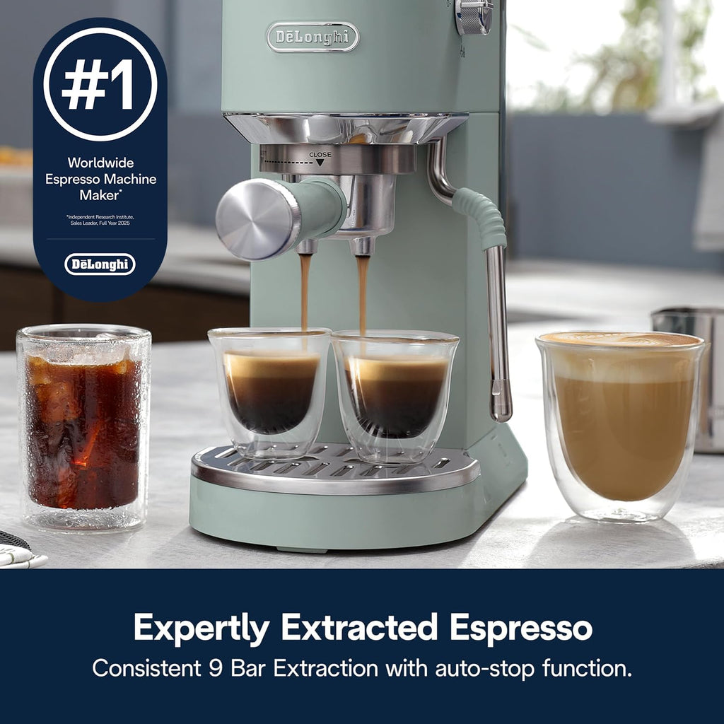 De'Longhi Dedica Duo Compact Espresso Machine - Cold Brew Coffee Maker with Milk Frother Wand- for Espresso, Hot & Iced Coffee, Cappuccinos, Lattes & Home Barista Brewing, Pistachio Green