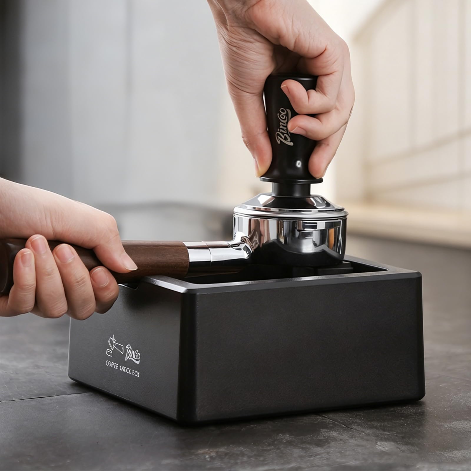 Bincoo Square Espresso knock Box 16cm /6.3 Inch Barista Style Coffee Knock Box for Grounds with Anti-Slip Base, Multi-functional Sturdy Espresso Dump Bin for Home/Office.. (black)