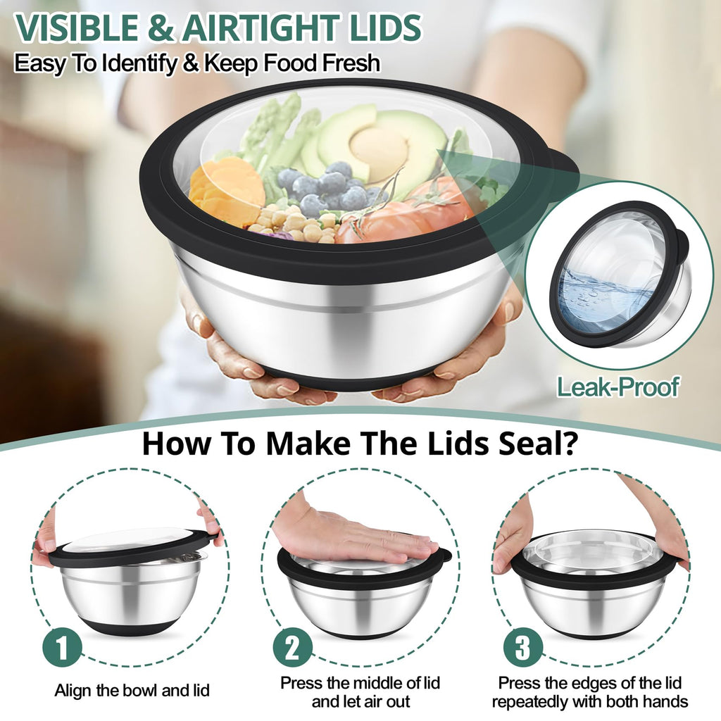 TeamFar Mixing Bowls, Salad Bowls with Transparent Airtight Lids, Black