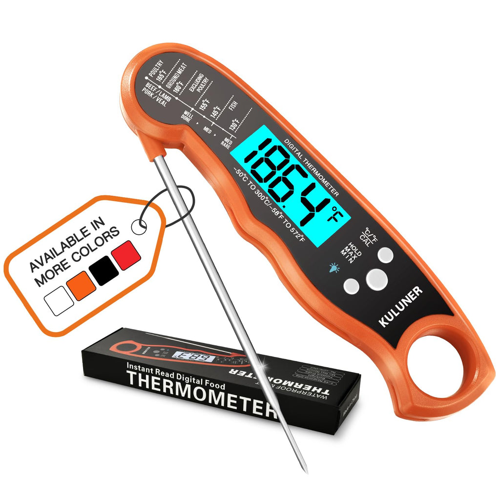 KULUNER Digital Meat Thermometer Instant Read, Orange Waterproof Food Thermometer with 4.6" Folding Probe, Backlight & Calibration, 2-3s Fast Reading for Kitchen BBQ Grilling Cooking - Orange