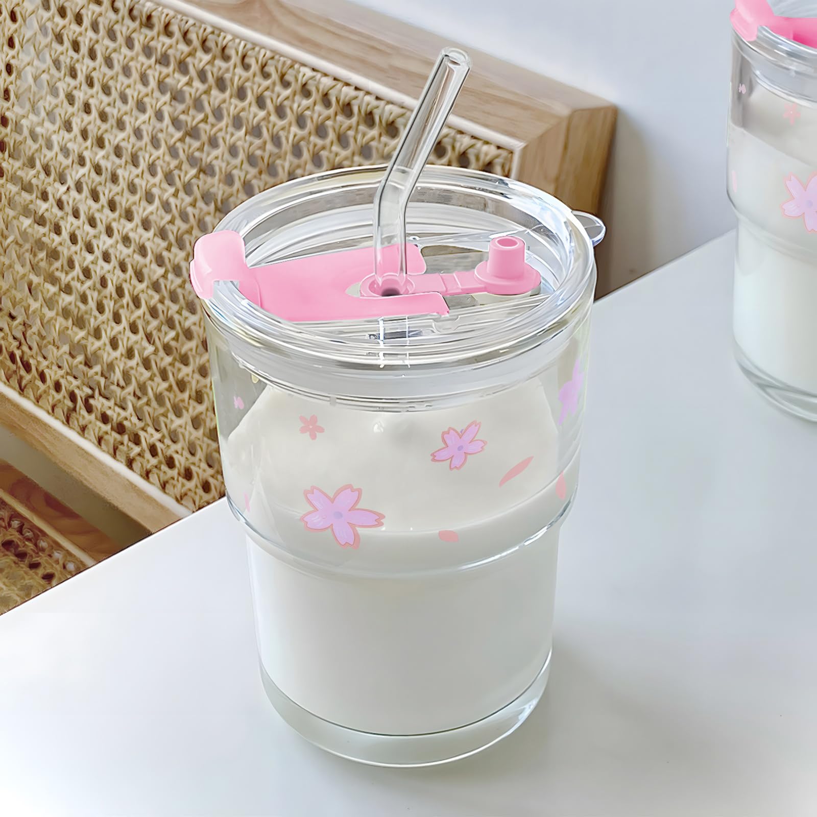 Colnic Iced Coffee Cup, 15Oz/450ml Glass Cups With Lids And Straws, Iced Coffee Glasses Tumbler, Thick Wall Mug For Tea Water With Glass Straw, Coffee Cute Tumbler Gifts (Pink)
