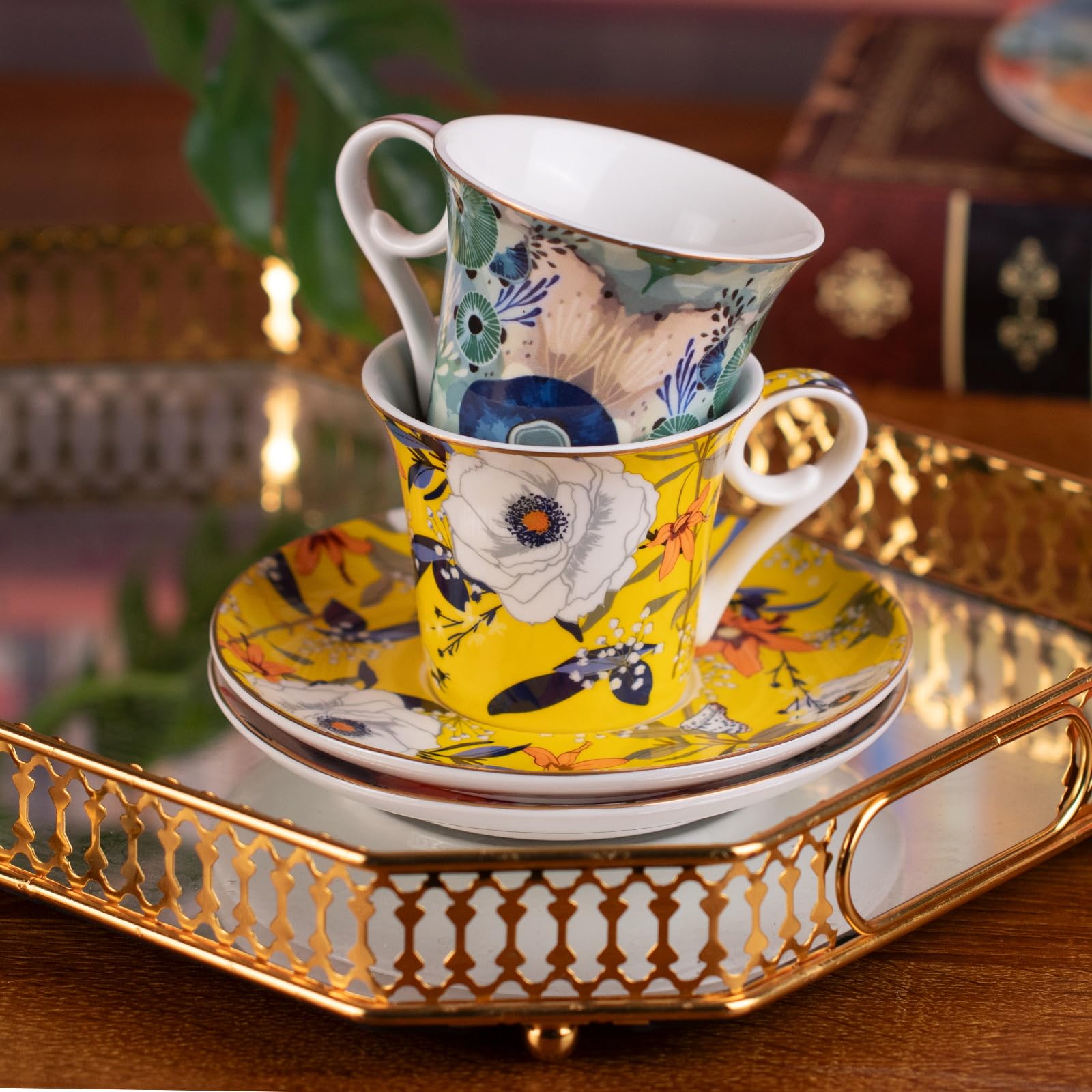 KAMMAK Tea Cups and Saucers Set of 2, 5.7 oz Porcelain Coffee Cups, 567N