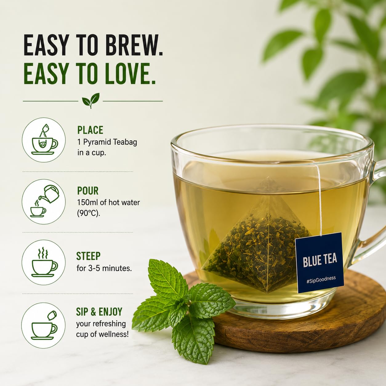 BLUE TEA - Spearmint Tea - 100 Count - Pyramid Plant Based Tea Bag | PCOS RELIEF | Balances Hormones - Support Digestion | Refreshing Flavour - Herbal Tea - Leaf Based - Caffeine free | Ziplock Pouch