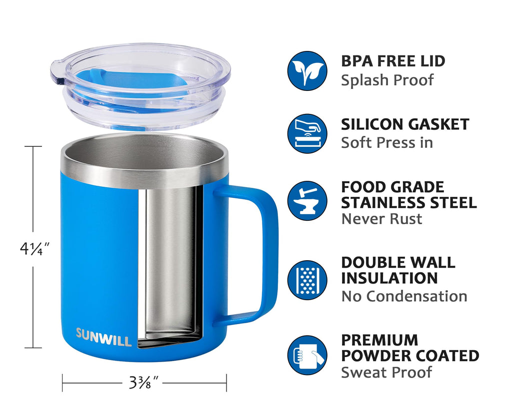 SUNWILL Insulated Coffee Mug, Stainless Steel 14 oz, Splash-Proof Lid
