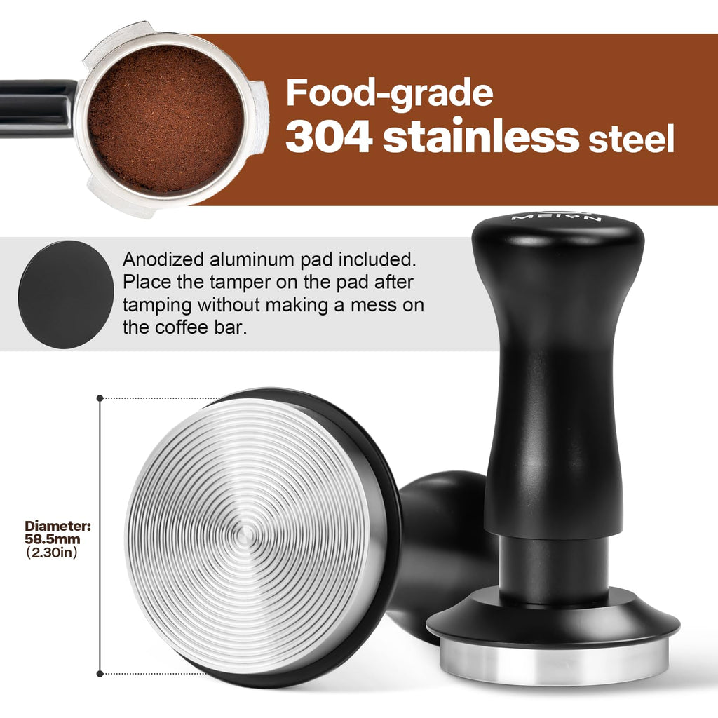 MEION Espresso Tamper 58.5mm Coffee Tamper, Calibrated Dual Spring Loaded Barista Tamper with Stainless Steel Base, Comes with aluminum storage pad (58.5MM, Black)