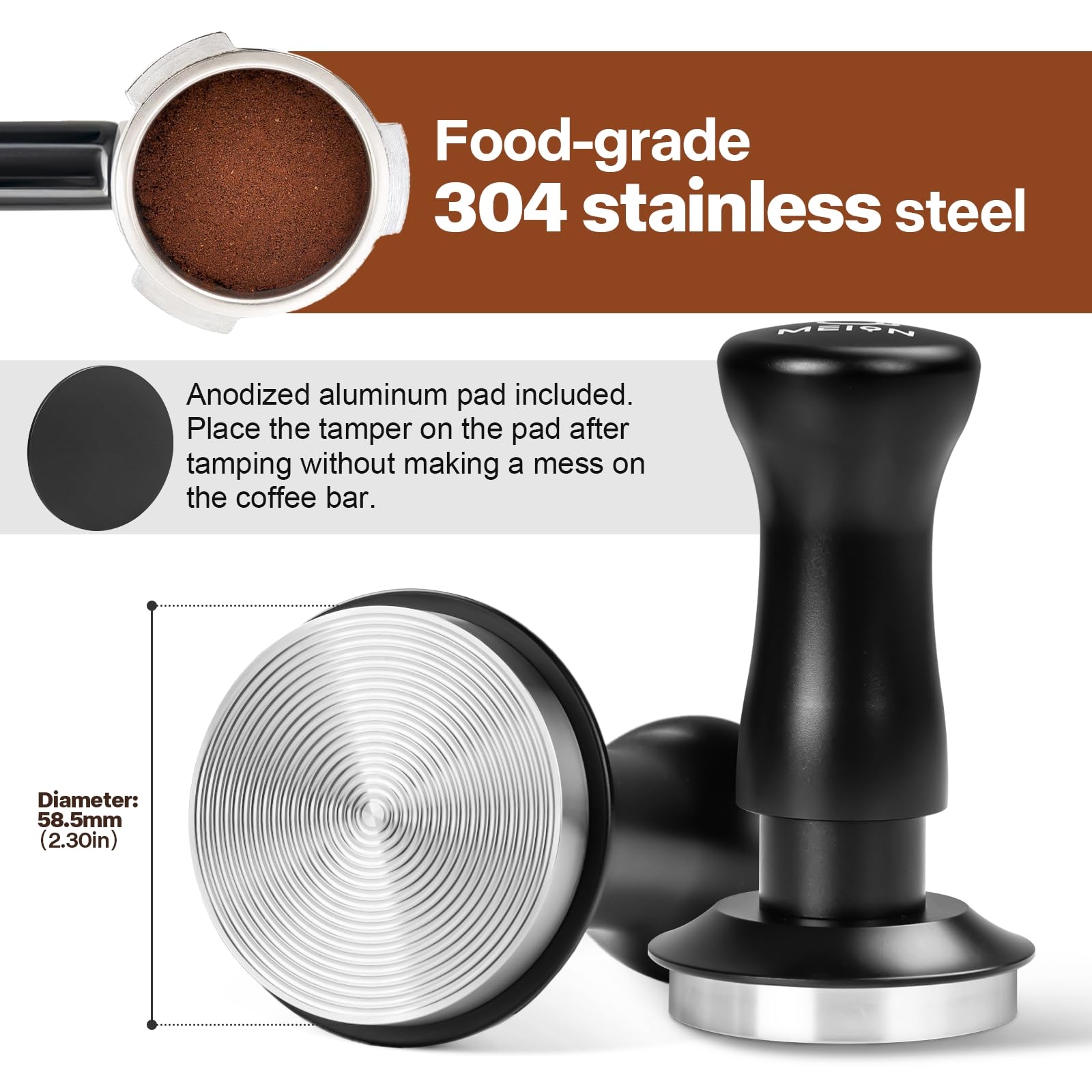 MEION Espresso Tamper 58.5mm Coffee Tamper, Calibrated Dual Spring Loaded Barista Tamper with Stainless Steel Base, Comes with aluminum storage pad (58.5MM, Black)