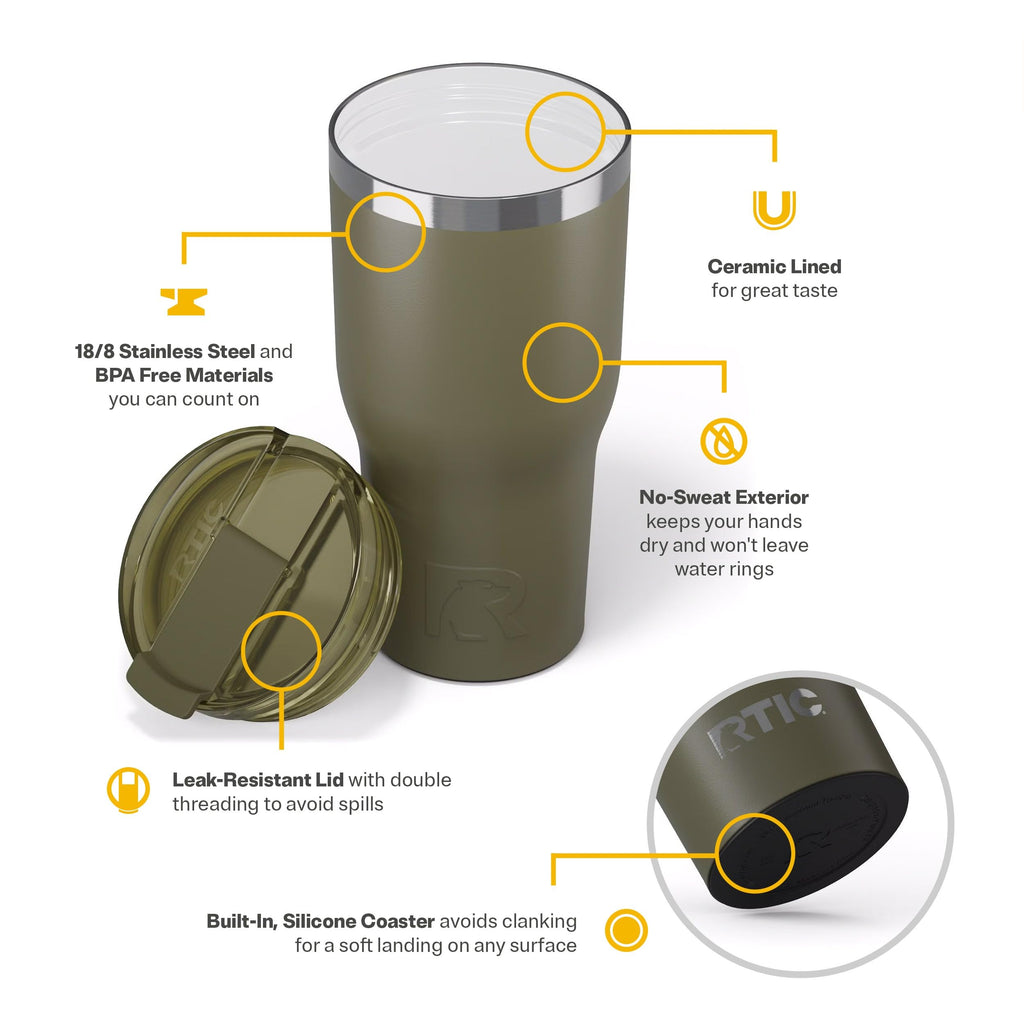 RTIC 30oz Essential Tumbler with Lid, Ceramic Lined, Olive