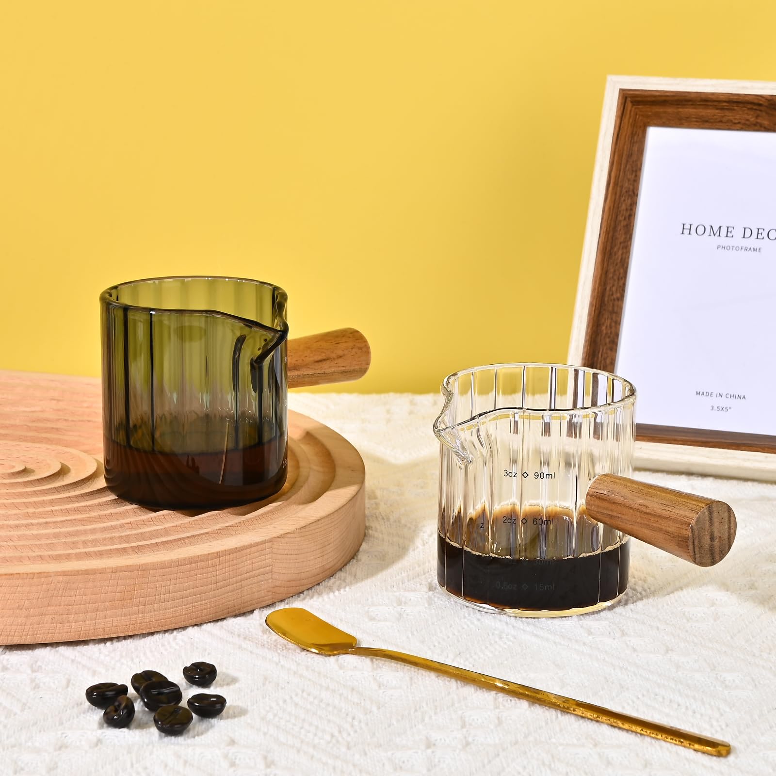 Denovin Glass Measuring Cup, 3oz Espresso Shot Glass with Wood Handle, Single Spout Measuring Cups Pitcher Milk Cup Coffee Shot Glasses (Gray Ribbed)