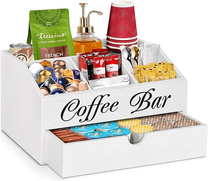 Wooden Coffee Bar Organizer Countertop With Drawer, Station Accessories, Pods Holder Storage Basket, Farmhouse Tea Condiment Organizer