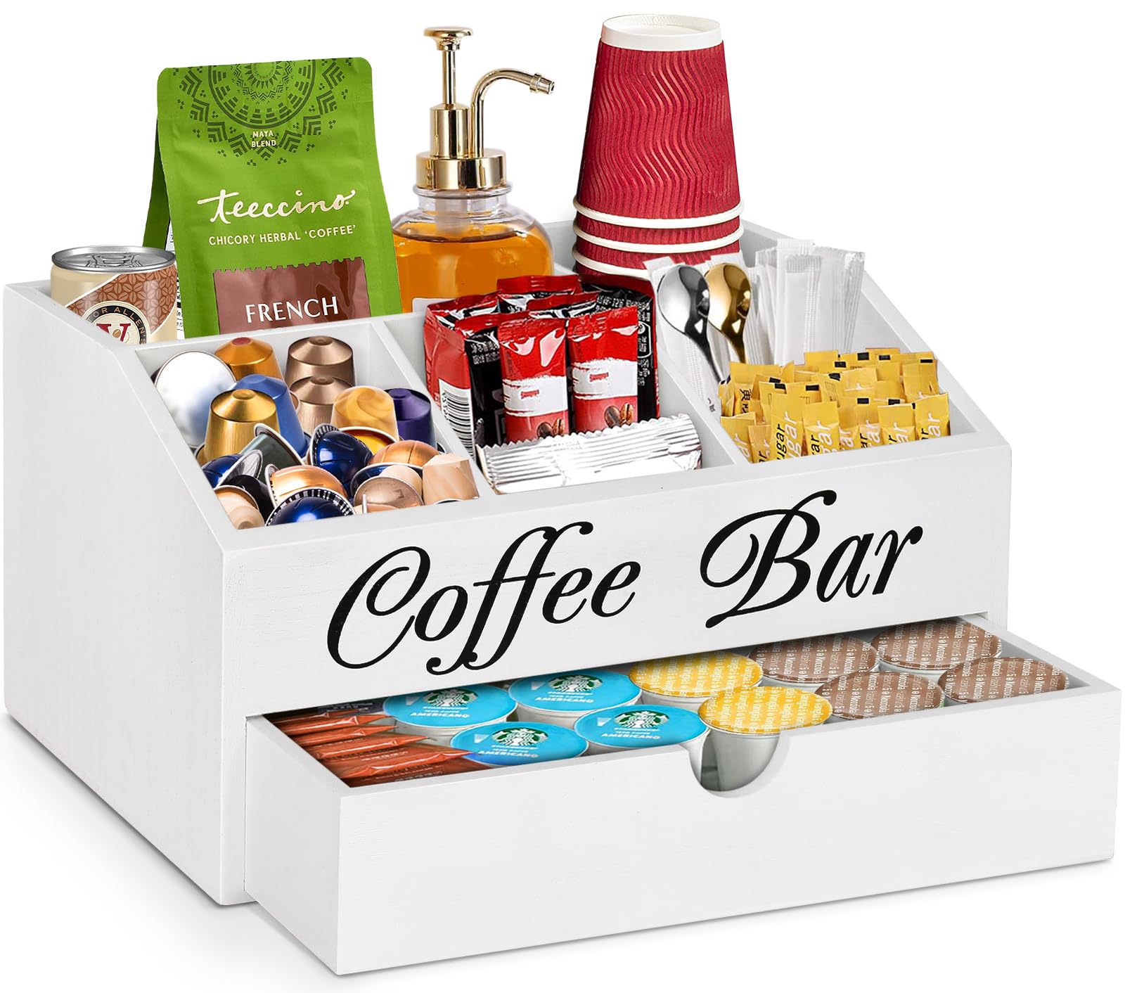 Coffee Bar Organizer Countertop, Wooden Bar Accessories With Drawer, Coffee Station Organizer Pods Holder Storage Basket, Farmhouse Tea Condiment Station