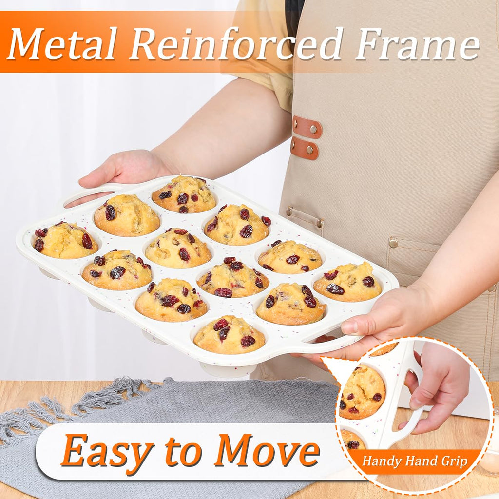 CAKETIME Silicone Muffin Pans for Baking, Metal Reinforced Frame Regular 12 Cups & Mini 24 Cups Cupcake Pan Set Nonstick Muffin Pan for Homemade Baking Easy to Handle