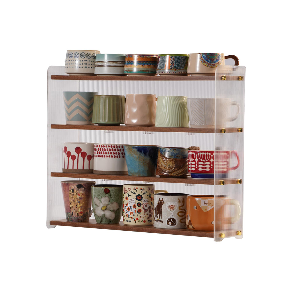 KAOTGOT Mug Shelf 4-Tier Walnut Coffee Cup Displays,Kitchen Spice Storage