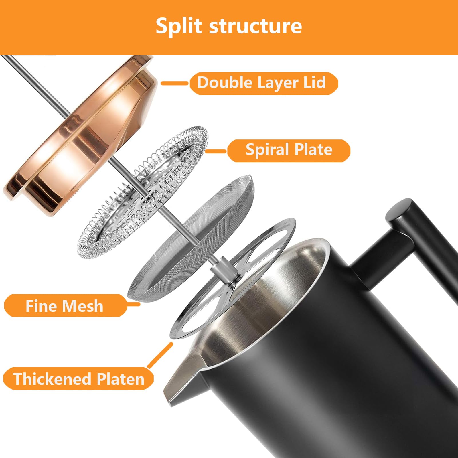 Meelio Small French Press Coffee Maker 350ml/12oz, Black Stainless Steel Double-Wall Insulated, Included 2 Extra Filters and 1 Coffee Spoon (1 Cup)