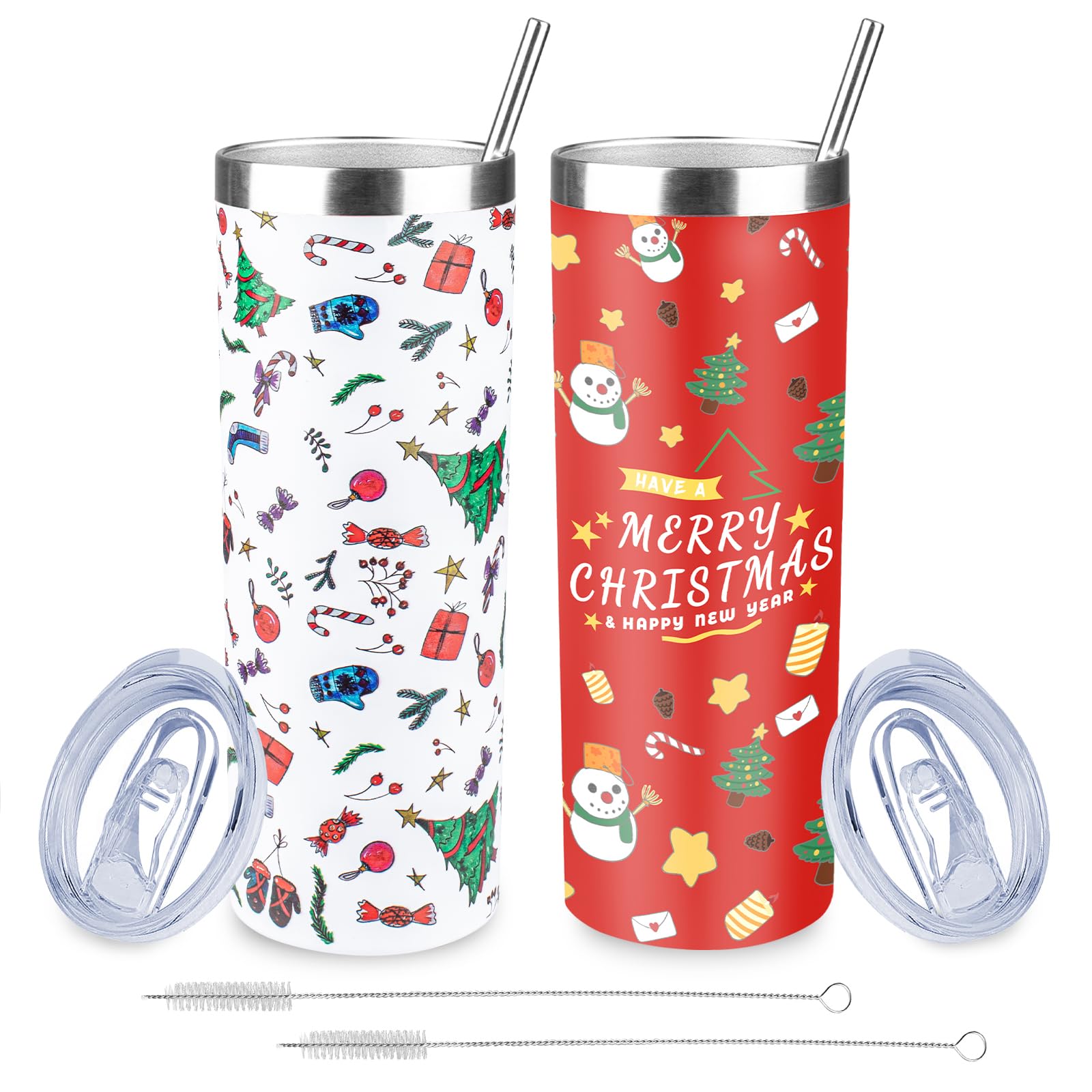 FristChoice 20oz Christmas Skinny Tumbler with Lid and Straw,Stainless Steel Vacuum Insulated Tumbler Cup Double Wall Travel Coffee Mug Christmas Gifts for Women Men(Xmas Elements,2)