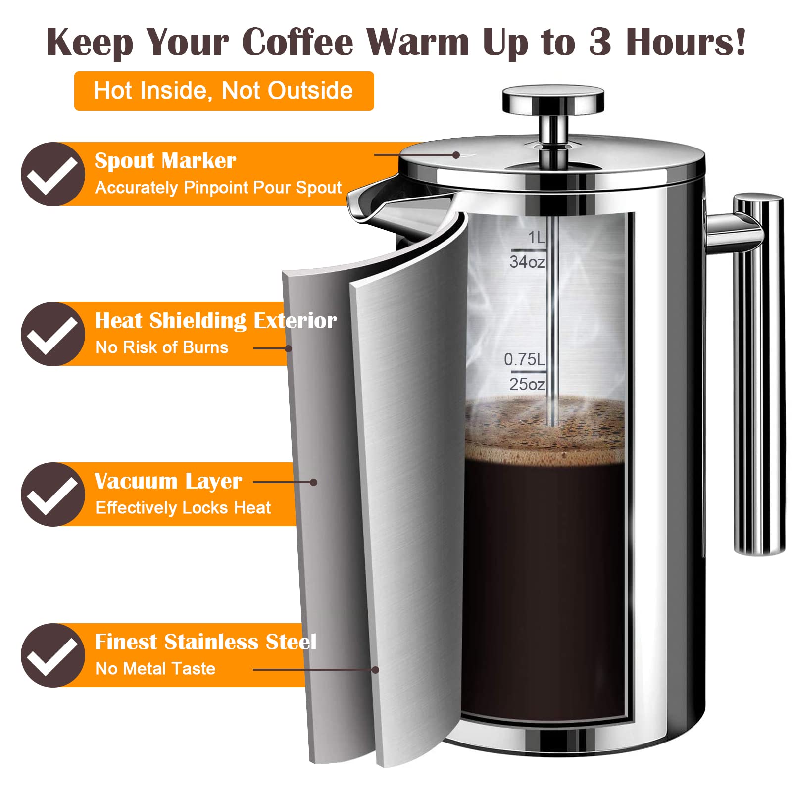 LANTE French Press Coffee Maker, Double Insulated 304 Stainless Steel Coffee Tea Maker 4 Level Filtration System, No Coffee Grounds, Rust-Free, Dishwasher Safe, 1000ml