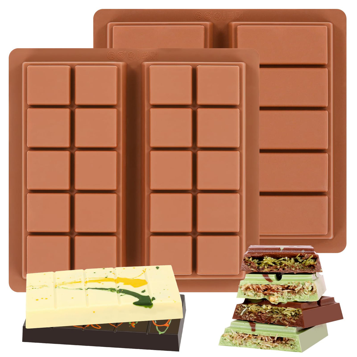 Fimary Dubai Chocolate Molds 1 Inch Deep, Silicone Chocolate Bar Mold – Non-Stick, Flexible, Large and Thick Homemade Chocolates, Candies, and Desserts - Set of 2