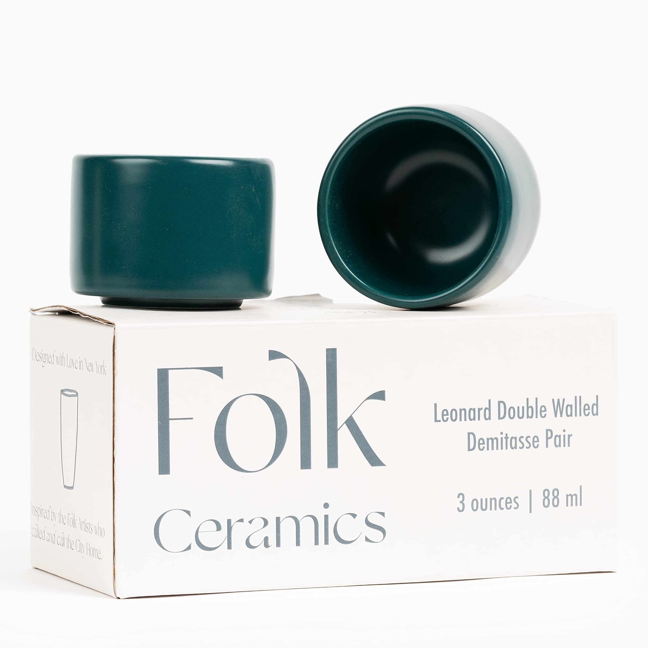 Folk Ceramics Leonard Ceramic Espresso Cups, Blue Emerald, 3oz, Set of 2