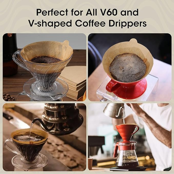 V60 Coffee Filters 02, ONIOU Unbleached Size 02 Cone Coffee Filters, 200 Count Natural Brown Pour Over Paper Filters for Hario V60 & Others 1–4 Cup Coffee Dripper