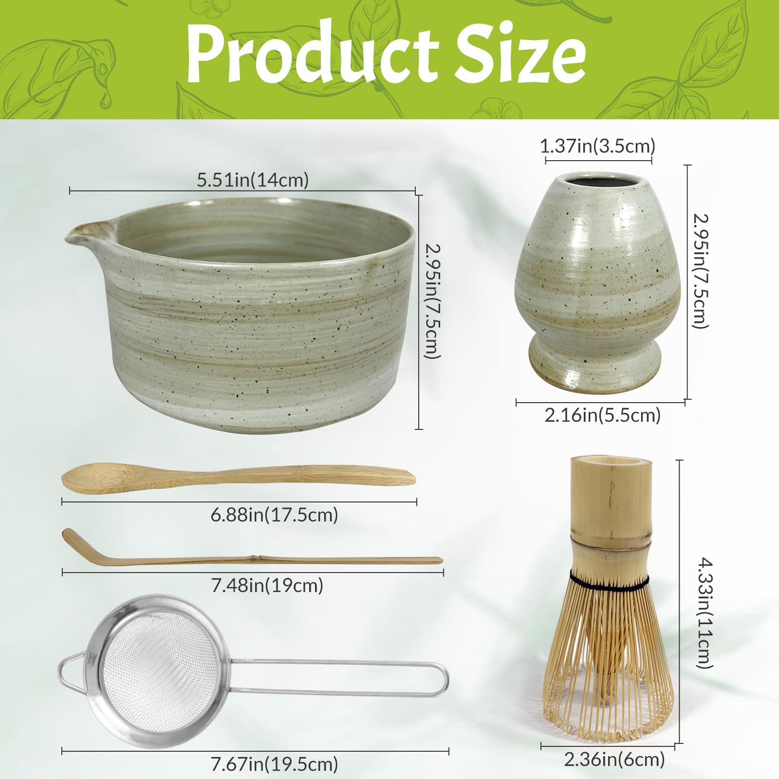 GEXHSRGD Matcha Whisk Set 6 pc Kit - Traditional Japanese Chasen, Bamboo Whisk Holder, Ceramic Bowl with Spout, Sifter & 2 pc Spoons - matcha kit set, Gift for Matcha Tea Lovers(Gray)