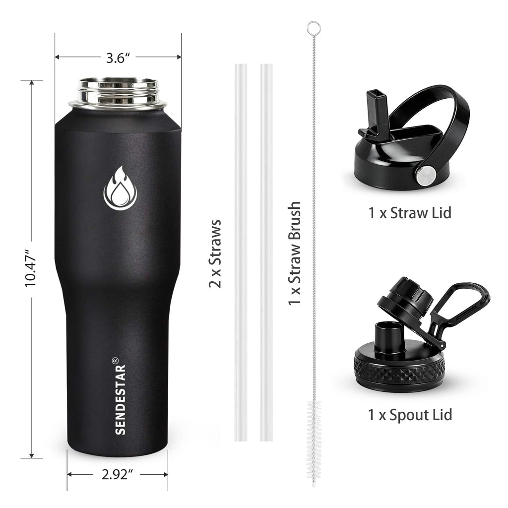 SENDESTAR Water Bottle 32oz,2 Lids(Straw lid),Wide Mouth Stainless Steel Vacuum Insulated Double Wall Keep Liquids Cold or Hot All Day,Sweat Proof Sport Design,Fit Car Cup Holder(Black)
