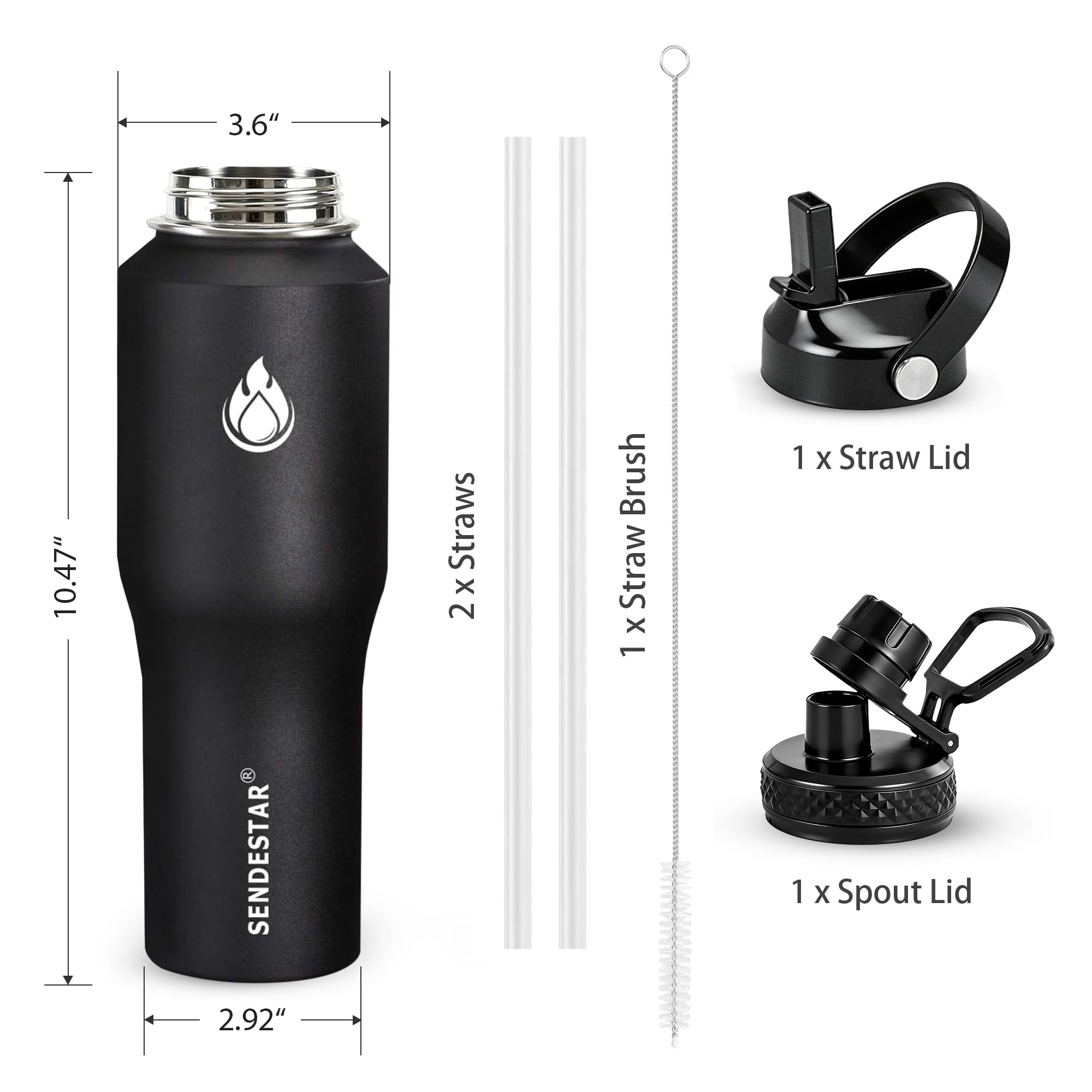 SENDESTAR Water Bottle 32oz,2 Lids(Straw lid),Wide Mouth Stainless Steel Vacuum Insulated Double Wall Keep Liquids Cold or Hot All Day,Sweat Proof Sport Design,Fit Car Cup Holder(Black)