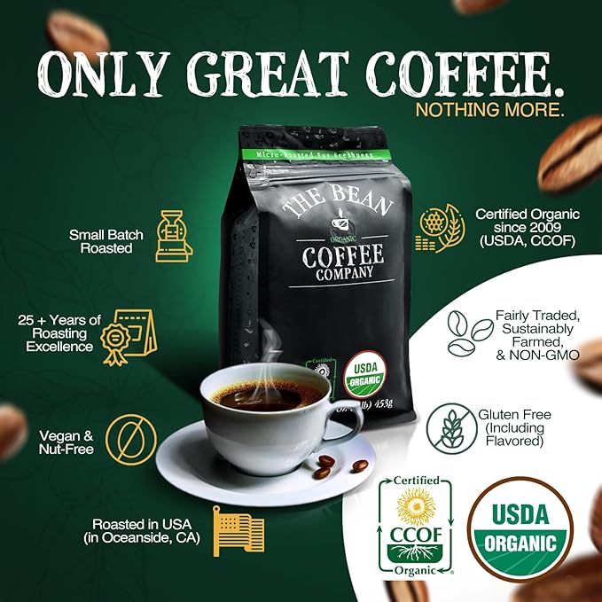 The Bean Organic Coffee Company Aloha Bean (Hawaiian Hazelnut), Medium Roast, Ground Coffee, 16-Ounce Bag,Café molido tostado organico