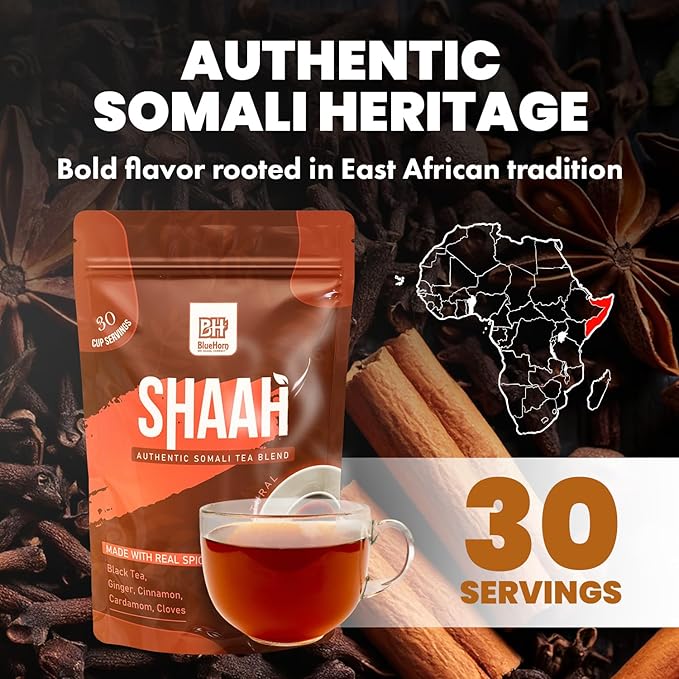 Loose Leaf Chai Black Tea with Ginger, Cardamom & Clove – Spiced African Tea Inspired by Somali Tradition – 4.4oz | Makes 30 Cups | Shaah Organic Tea Blend