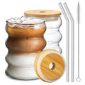 Ework4U 2 Pcs Drinking Glasses with Bamboo Lids and Glass Straw 14oz Glassware Set,Cocktail Glasses,Iced Coffee Glasses,Beer Glasses,Ideal for Water,Soda,Tea,Gift - with Cleaning Brushes
