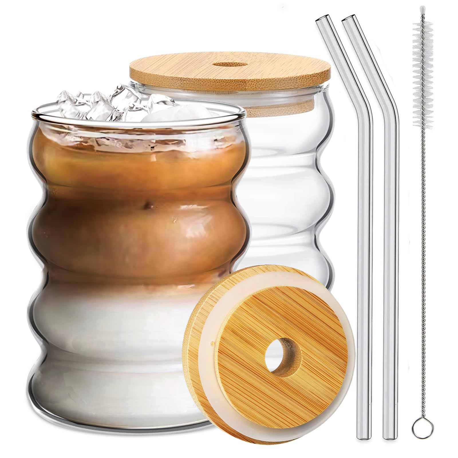 Ework4U 2 Pcs Drinking Glasses with Bamboo Lids and Glass Straw 14oz Glassware Set,Cocktail Glasses,Iced Coffee Glasses,Beer Glasses,Ideal for Water,Soda,Tea,Gift - with Cleaning Brushes