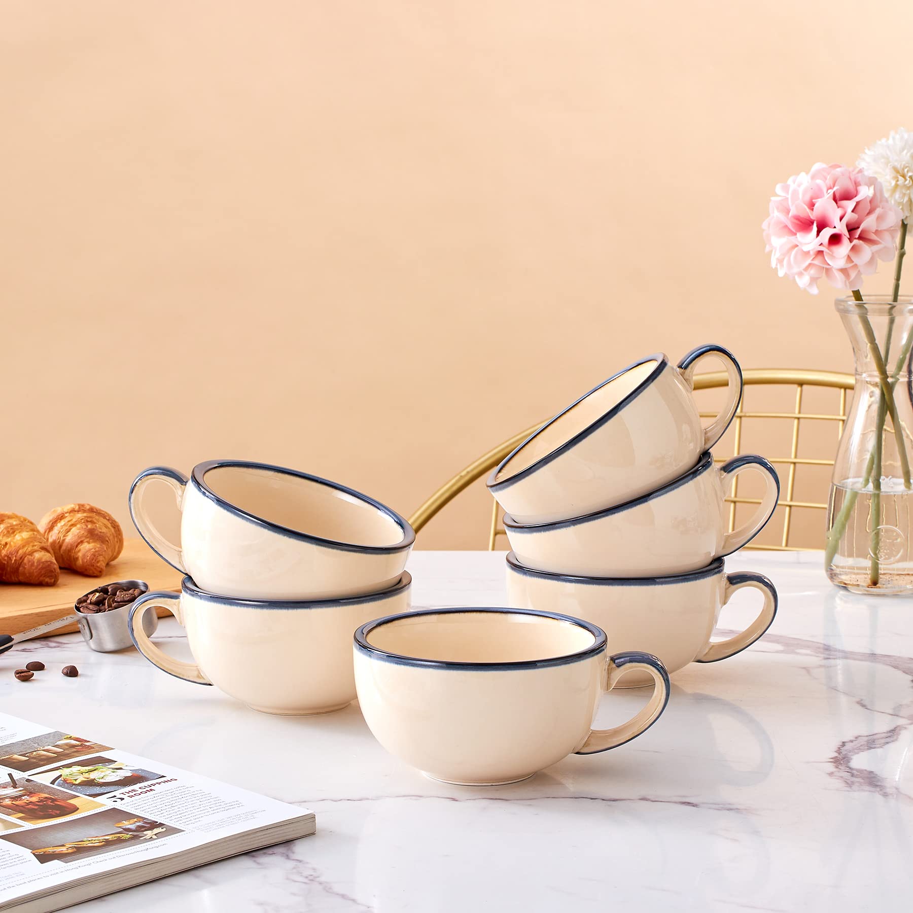 Coffeezone Set of 6 Cups Vintage Design 12 oz Professional Barista Ceramic Latte Art Cappuccino Cups Set (Beige * 6)