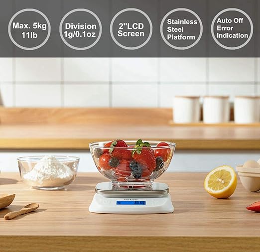 NUTRI FIT Food Kitchen Scale Digital Grams and Ounces Ultra Slim Scale Portable for Baking Cooking Camping Stainless Tare Auto Off Backlit Large LCD Display 11lb/5kg-White
