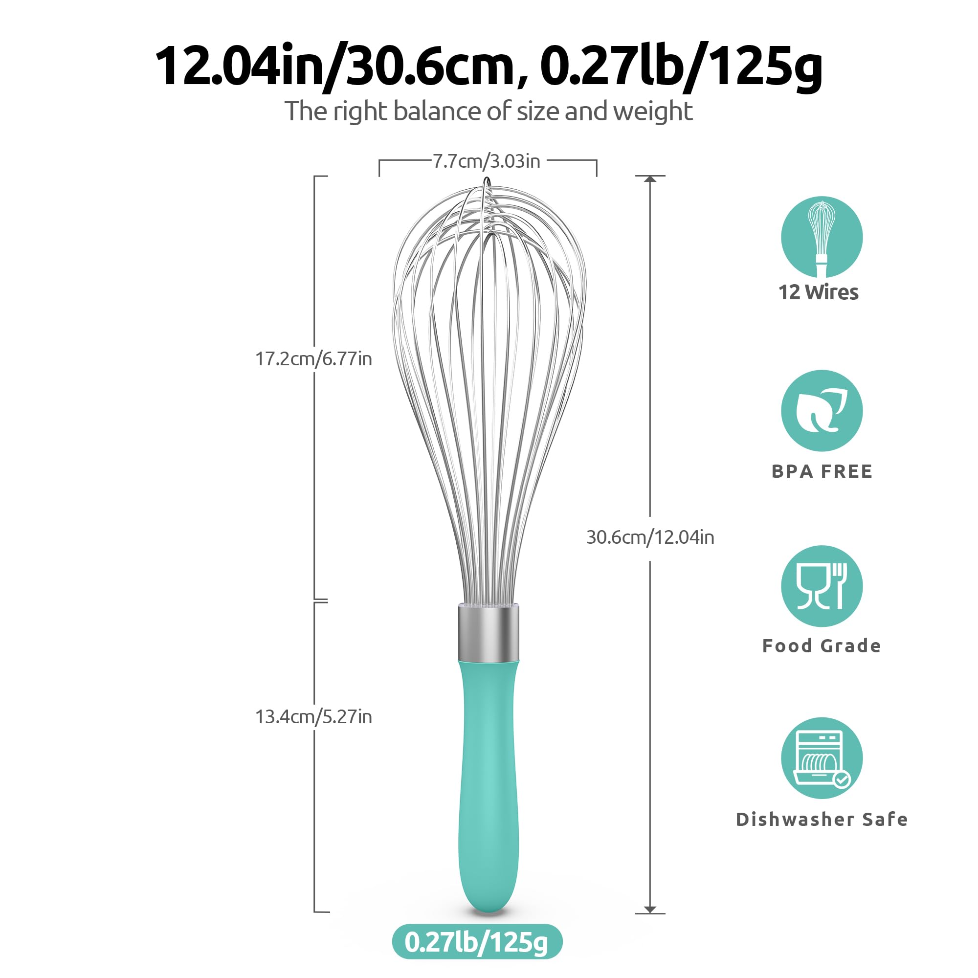 U-Taste Wire Whisk for Cooking, 18/10 Stainless Steel Wisk, L/Aqua Sky