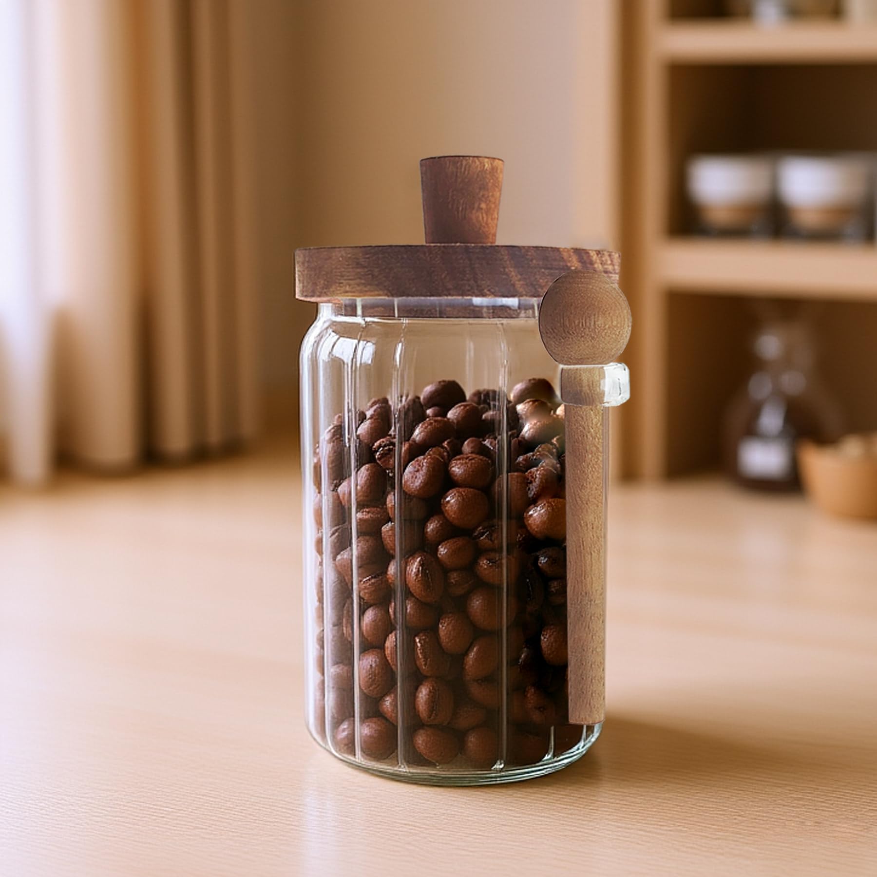 Glass Food Storage Jars with Handles Wood Lid and Spoon, 25 oz Glass Kitchen Canisters for Coffee, Tea, Cereal, Spice and Canning, Mason Jars, Cute Jar
