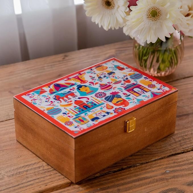 Octavius Gift's Select - Assorted Tea in Multi Design Printed Wooden Box | 6 Flavors, 90 Tea Bags | Black & Green Tea | Tea Gifts for Women & Men | Tea Variety Pack | Mothers Day Tea Gift Box